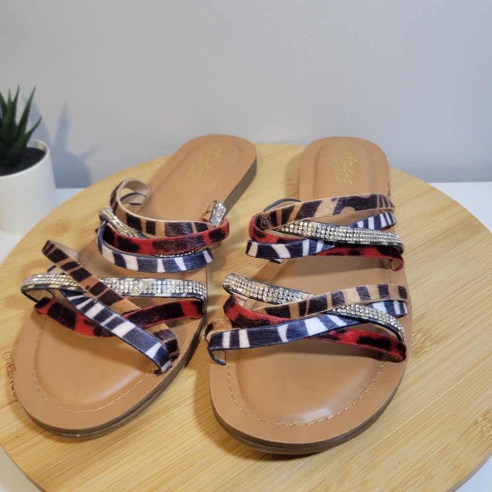 THALIA SODI Marlina strappy jeweled animal print bling slip on sandals